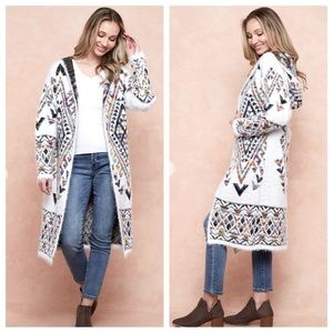 09 Sweater Hooded long sleeve open long cardigan Aztec Rainbow Jacquard Pattern